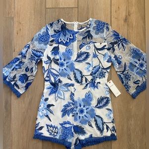 NWT Blue and White Floral Lace Romper